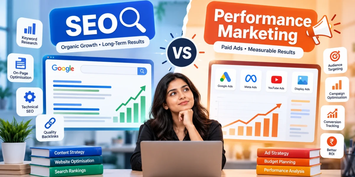 SEO vs performance marketing comparison infographic