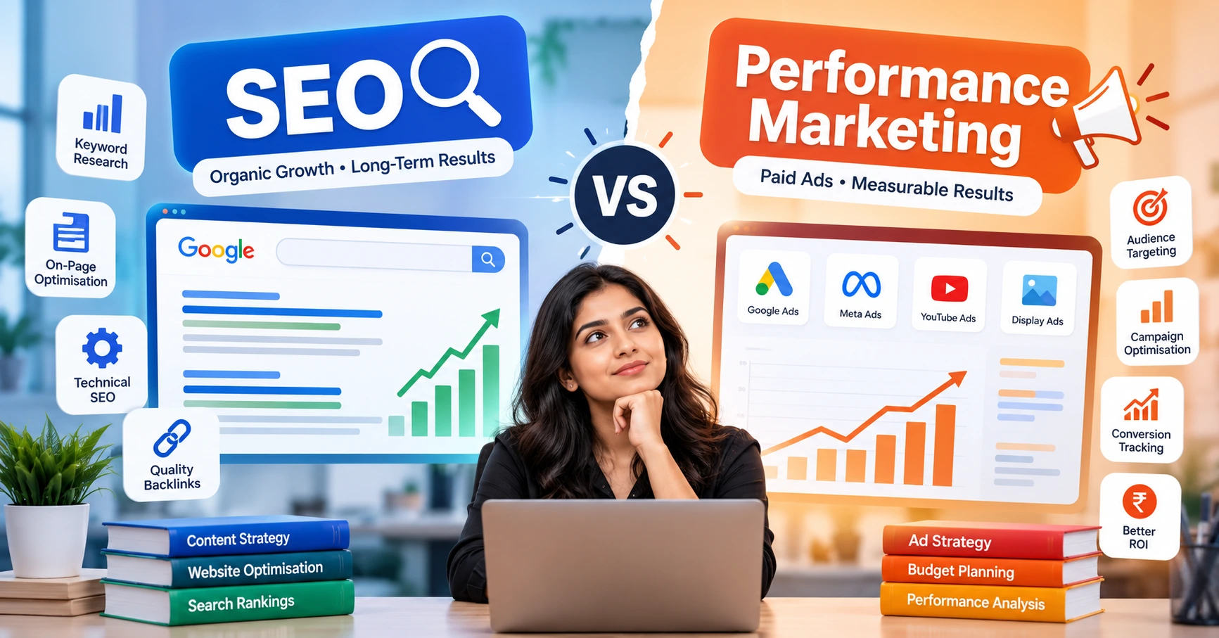 SEO vs performance marketing comparison infographic